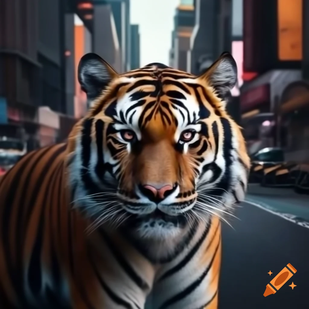 Bengal tiger in Times Square with neon lights