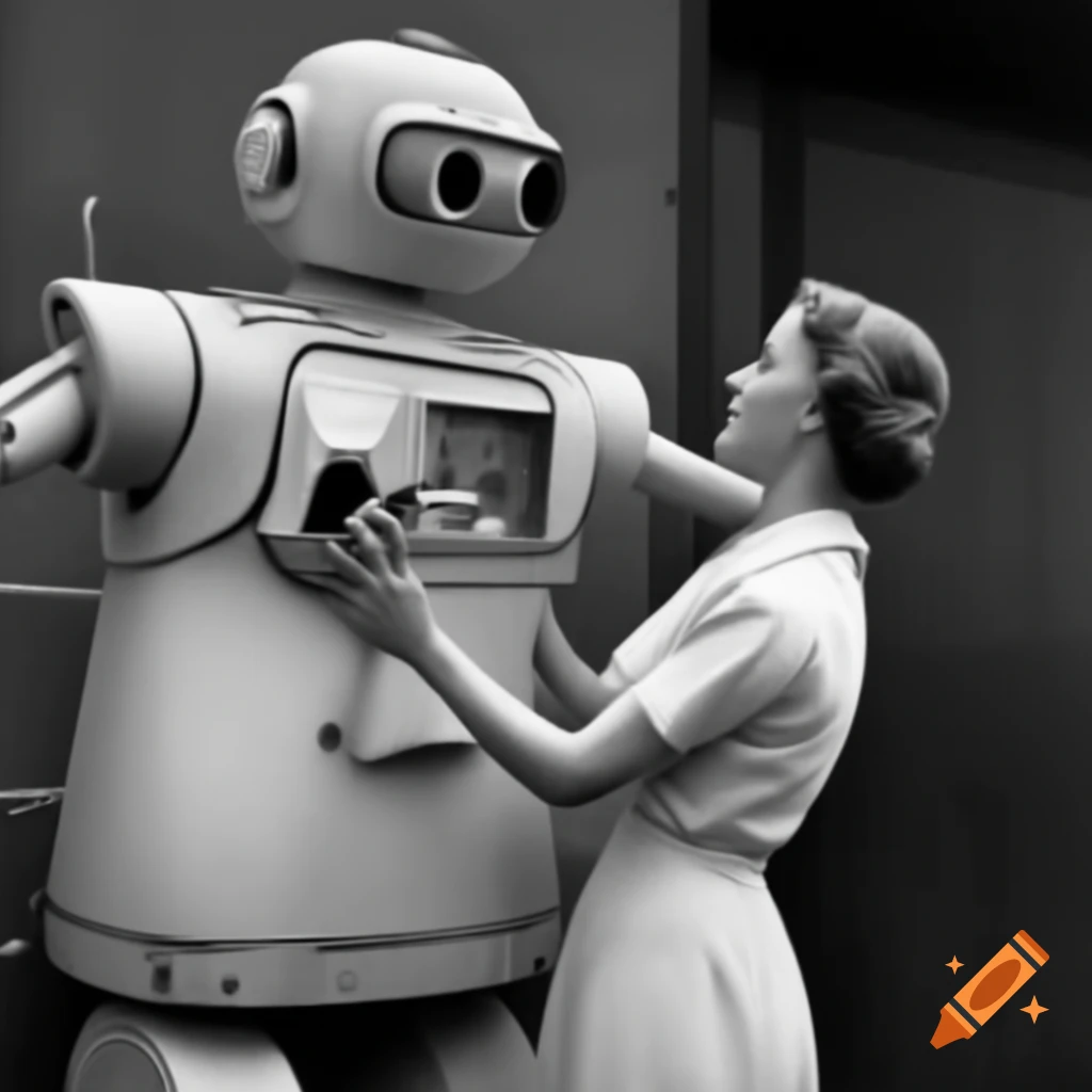 1950s robot carrying woman in its arms