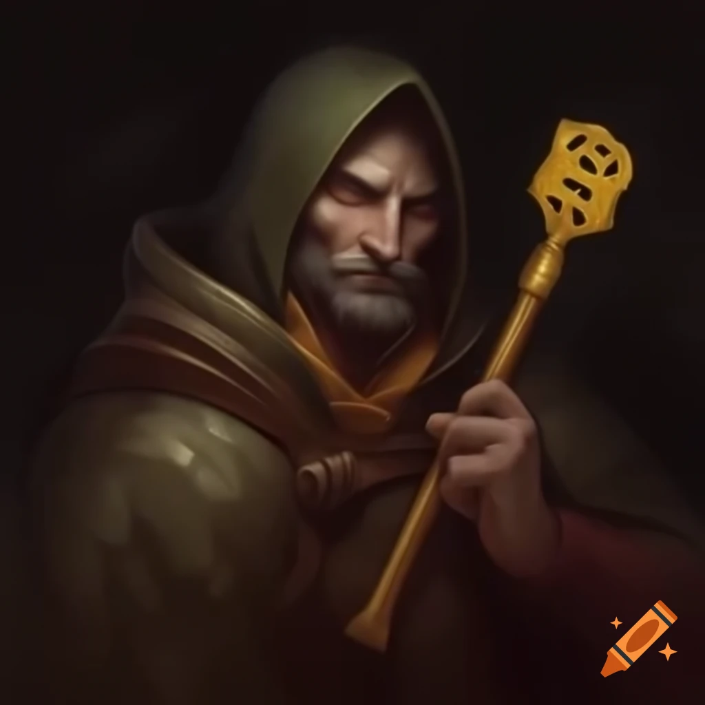 Medieval bandit in woods holding golden key and wooden box