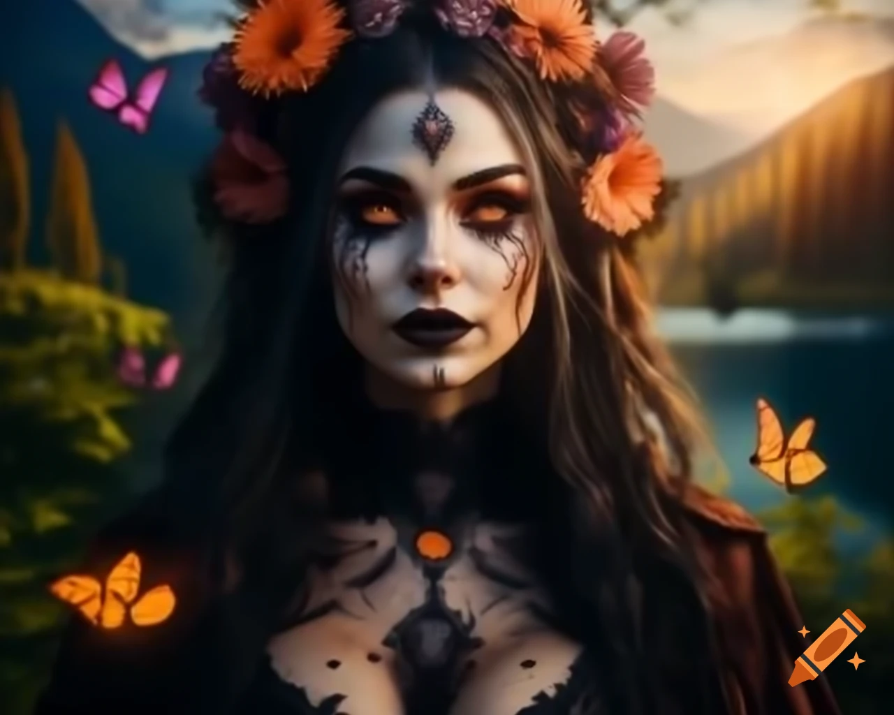 Hyperrealistic octane render of Gothic woman with flowers and butterflies in hair