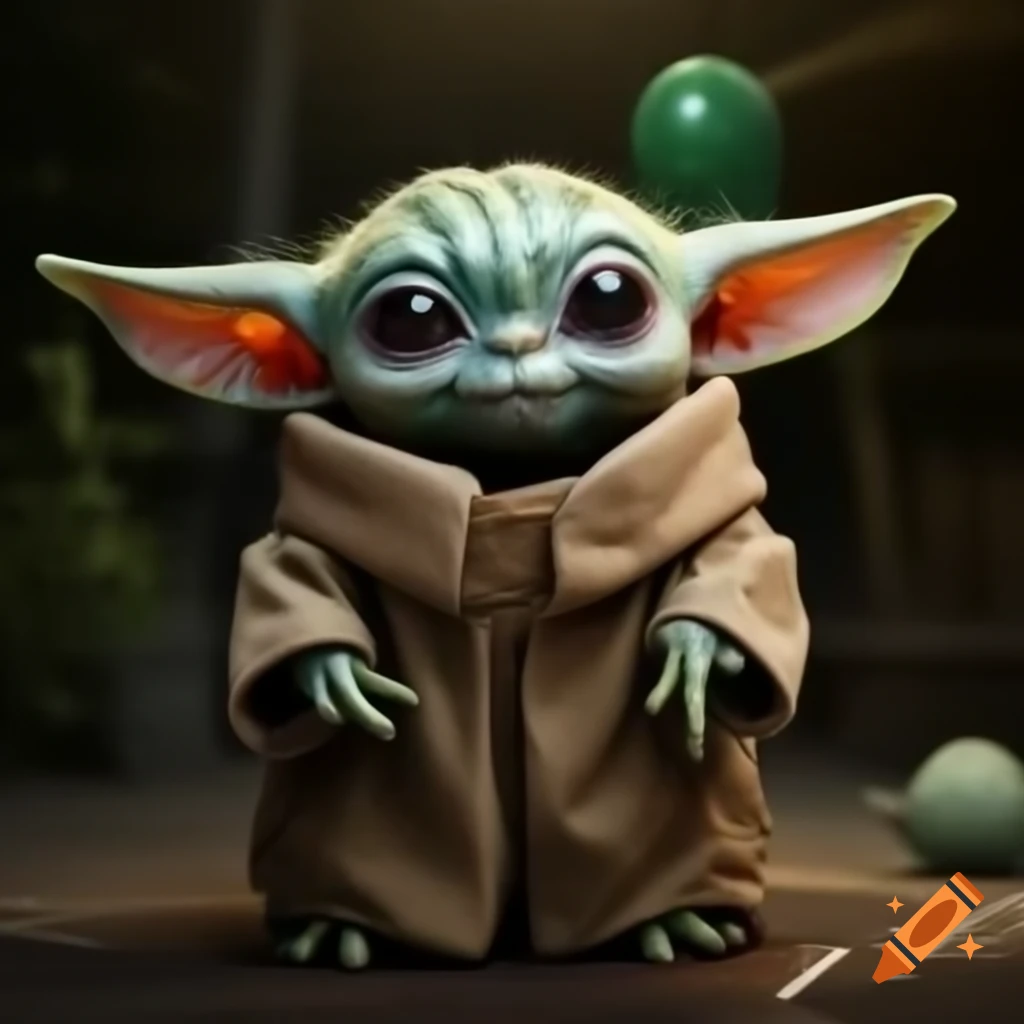 Grogu with big alien ears holding a party balloon numbered 9