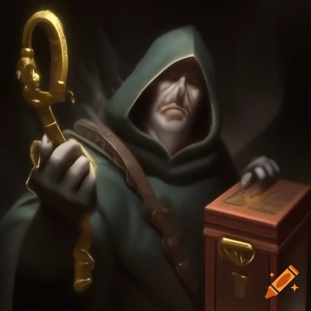 Medieval bandit in woods holding golden key and wooden box