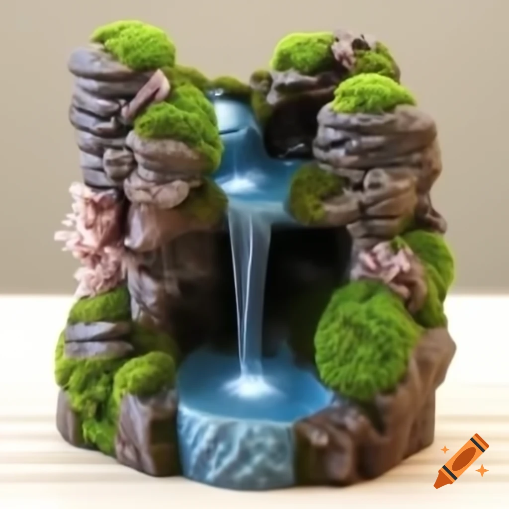 Waterfall cascading down cliffs surrounded by moss and sculptures