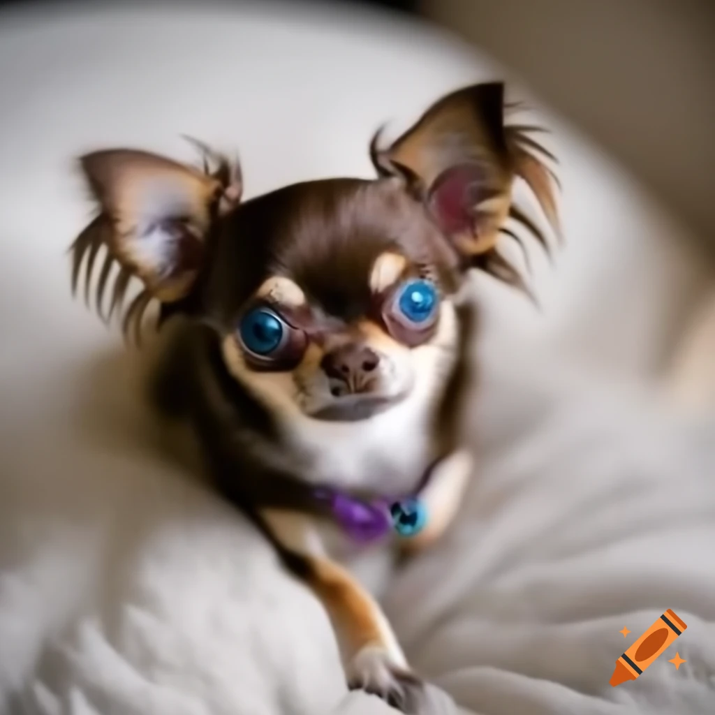 Cute greyish brown Chihuahua named Luna with blue eyes and purple collar