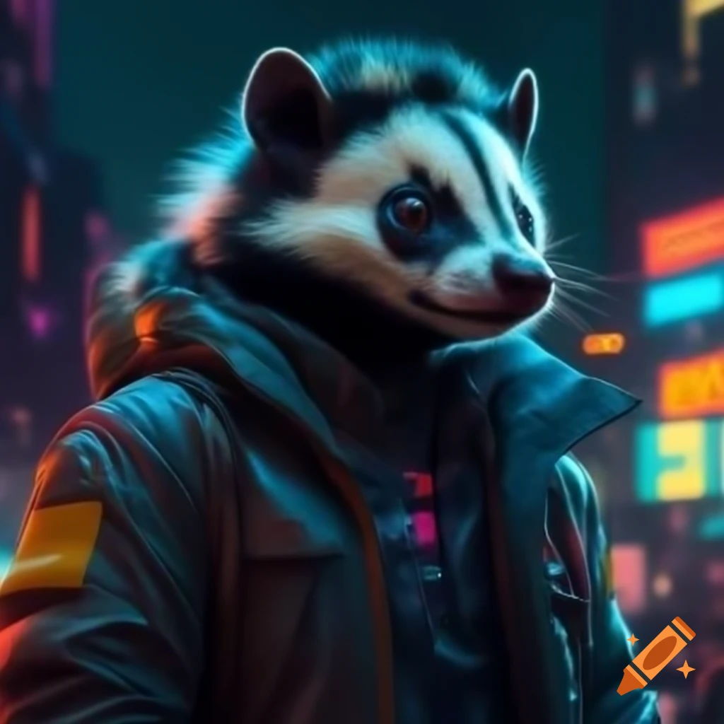 Close-up of skunk in futuristic jacket with LED lights in neon city