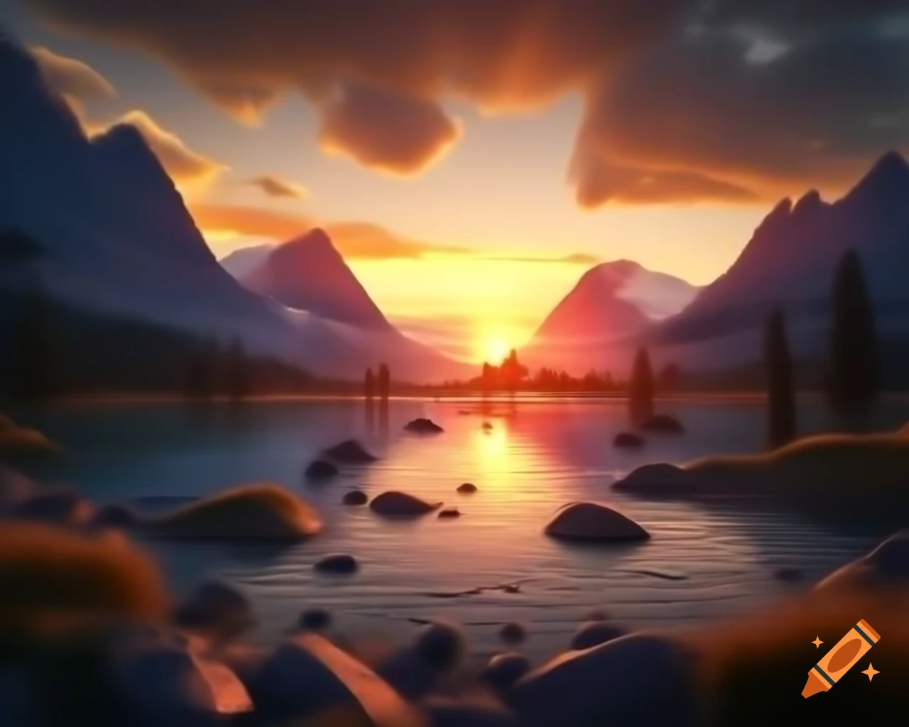 Photorealistic 3D render of mountain lake at sunset with rays of sunlight