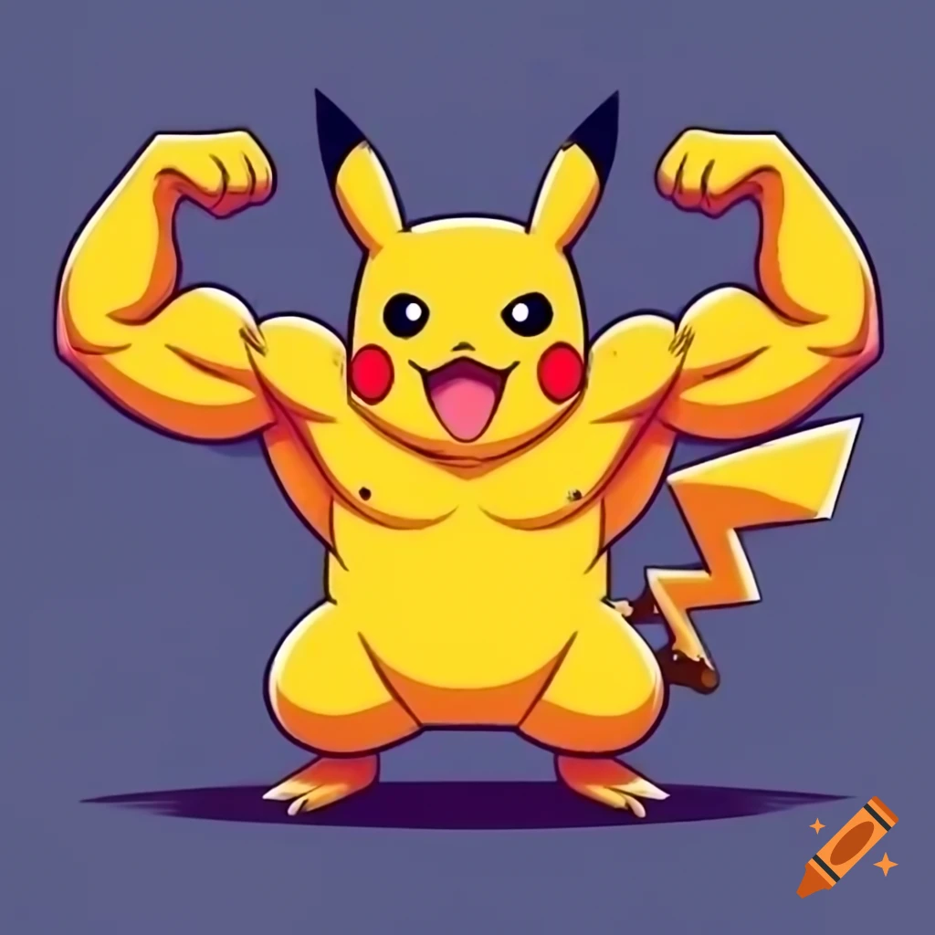 Bodybuilder Pikachu flexing with muscles in furry art style