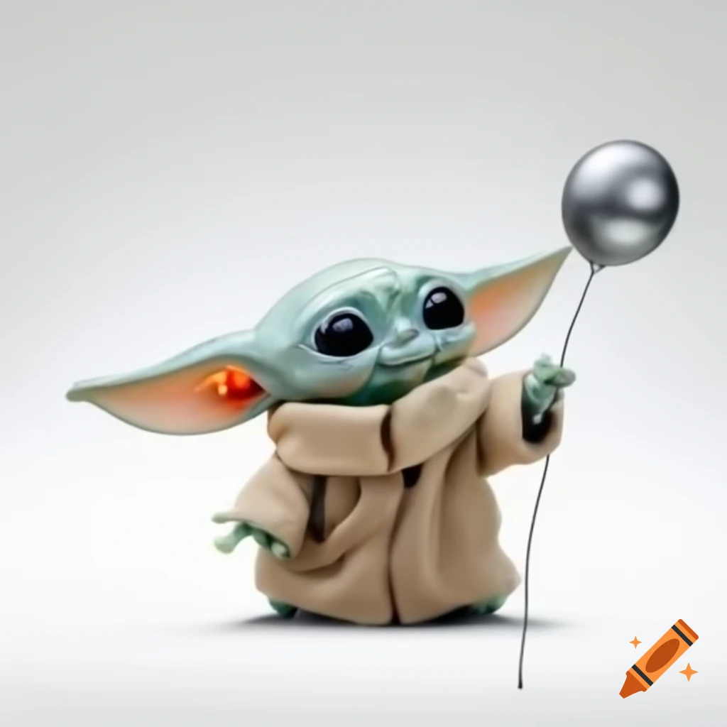 Grogu posing playfully with large silver balloon against white background