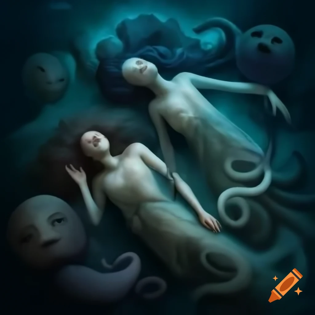 Ethereal realm with slumbering sea and legendary beings