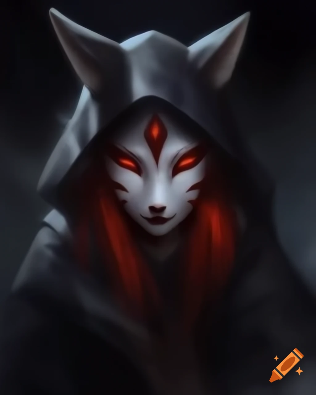 Asian woman with kitsune mask in dark fantasy theme