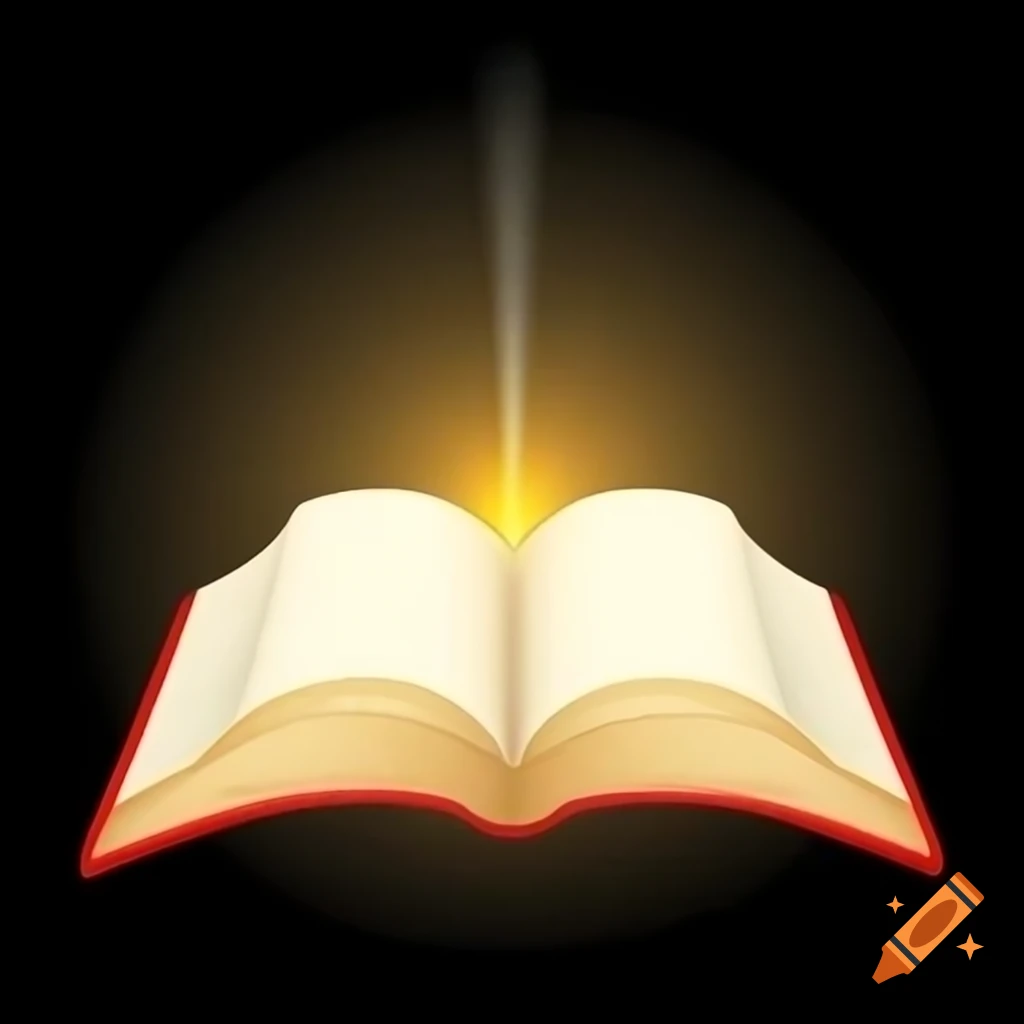 Open book with glowing words on pages