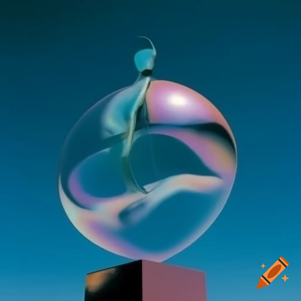 Pop surrealism photography featuring iridescent glass statue