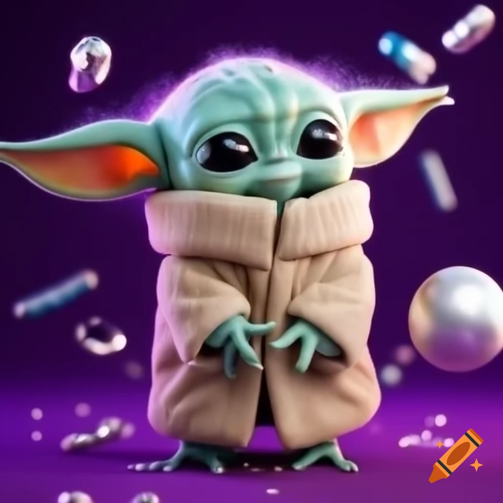 Grogu showcasing playful expression while juggling a glittering balloon
