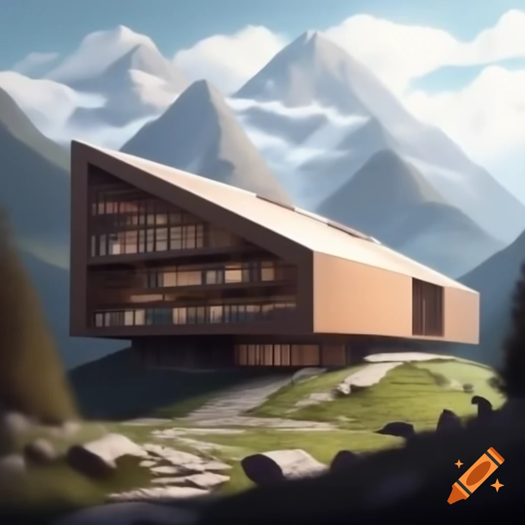 Realistic modern art of a claustrophobic library in mountains