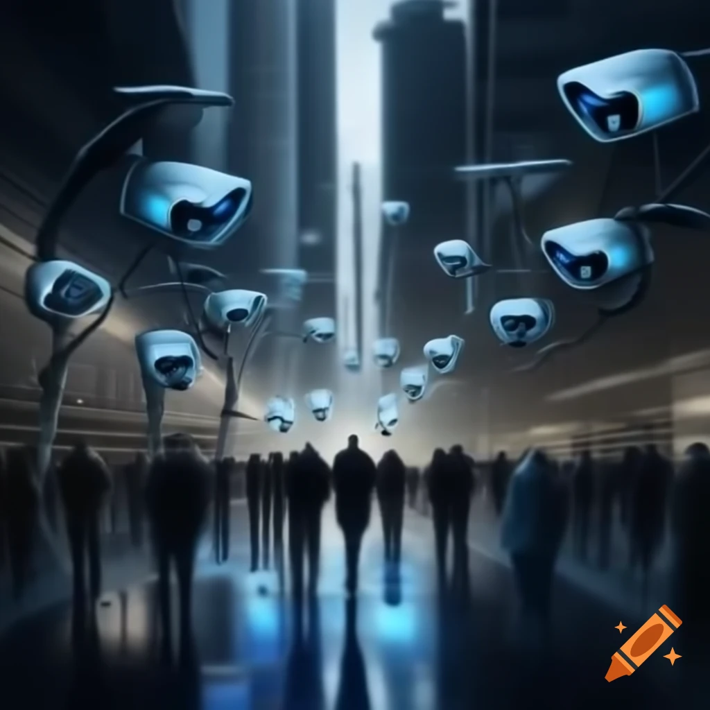 Futuristic cityscape featuring high-tech AI surveillance cameras tracking pedestrians