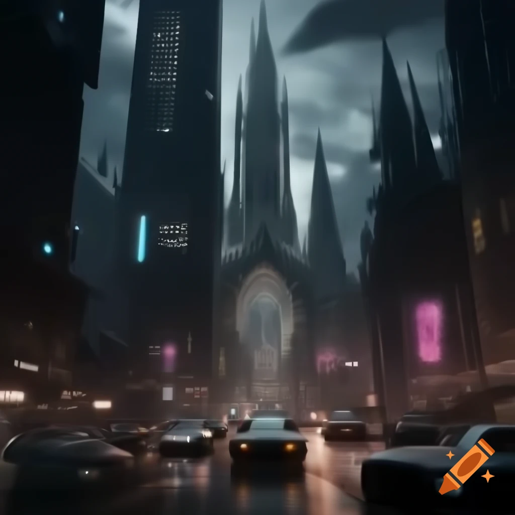Futuristic city blending gothic architecture with advanced technology