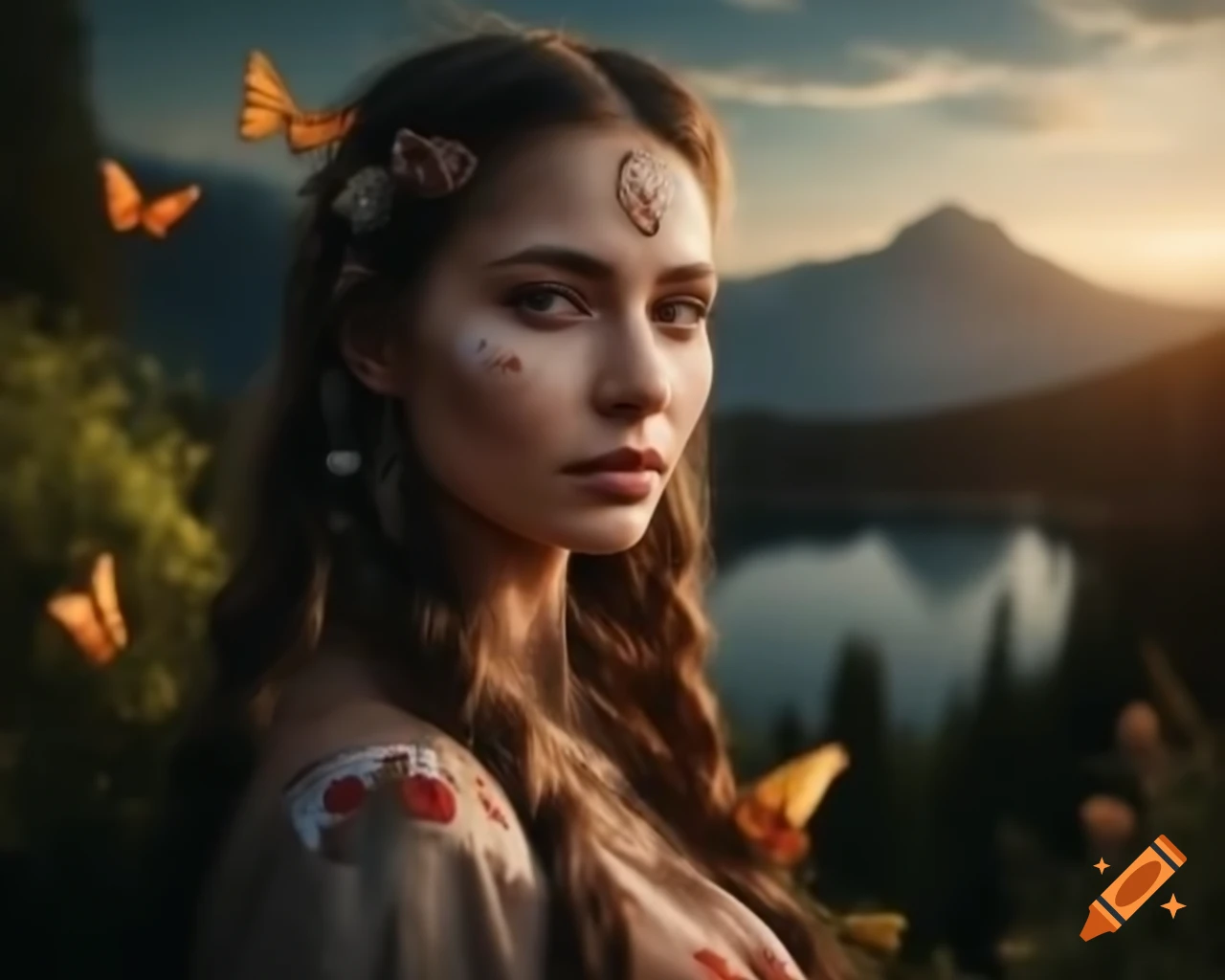 Hyper-realistic portrait of Slavic woman with flowers and butterflies in hair