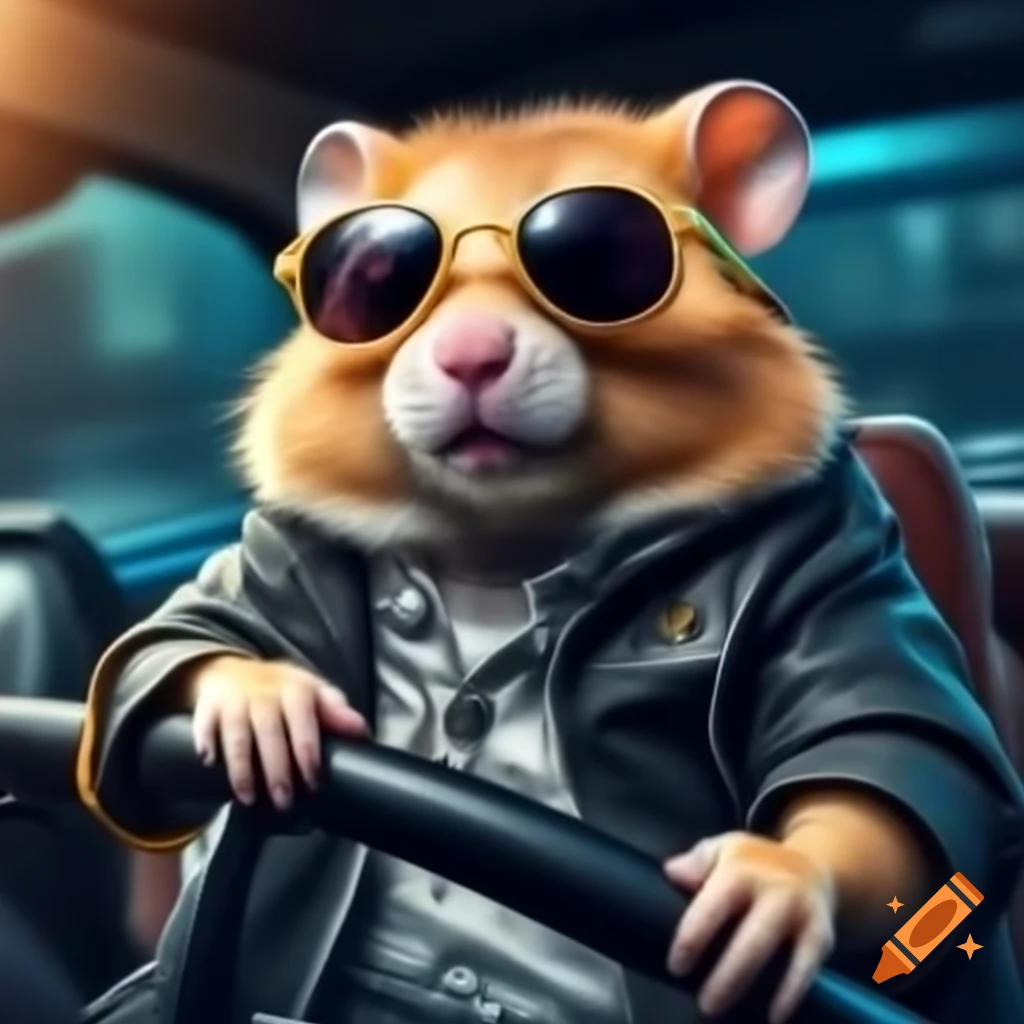 Anthropomorphic hamster wearing sunglasses and black jacket driving a car