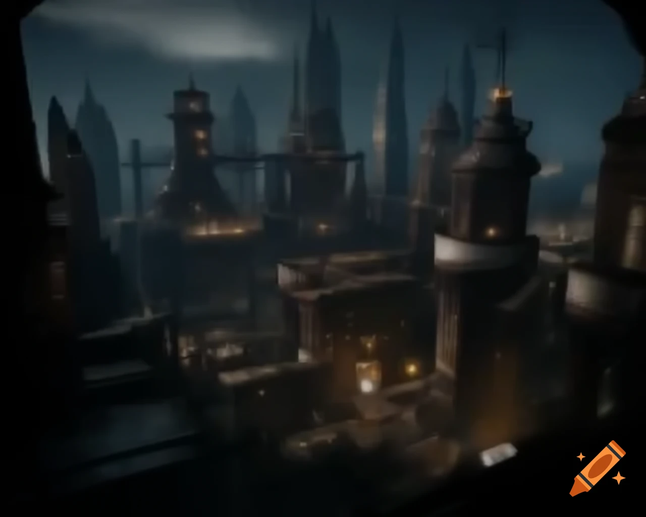 Alternate history cityscape with rusted metal skyscrapers and intricate clockwork machines