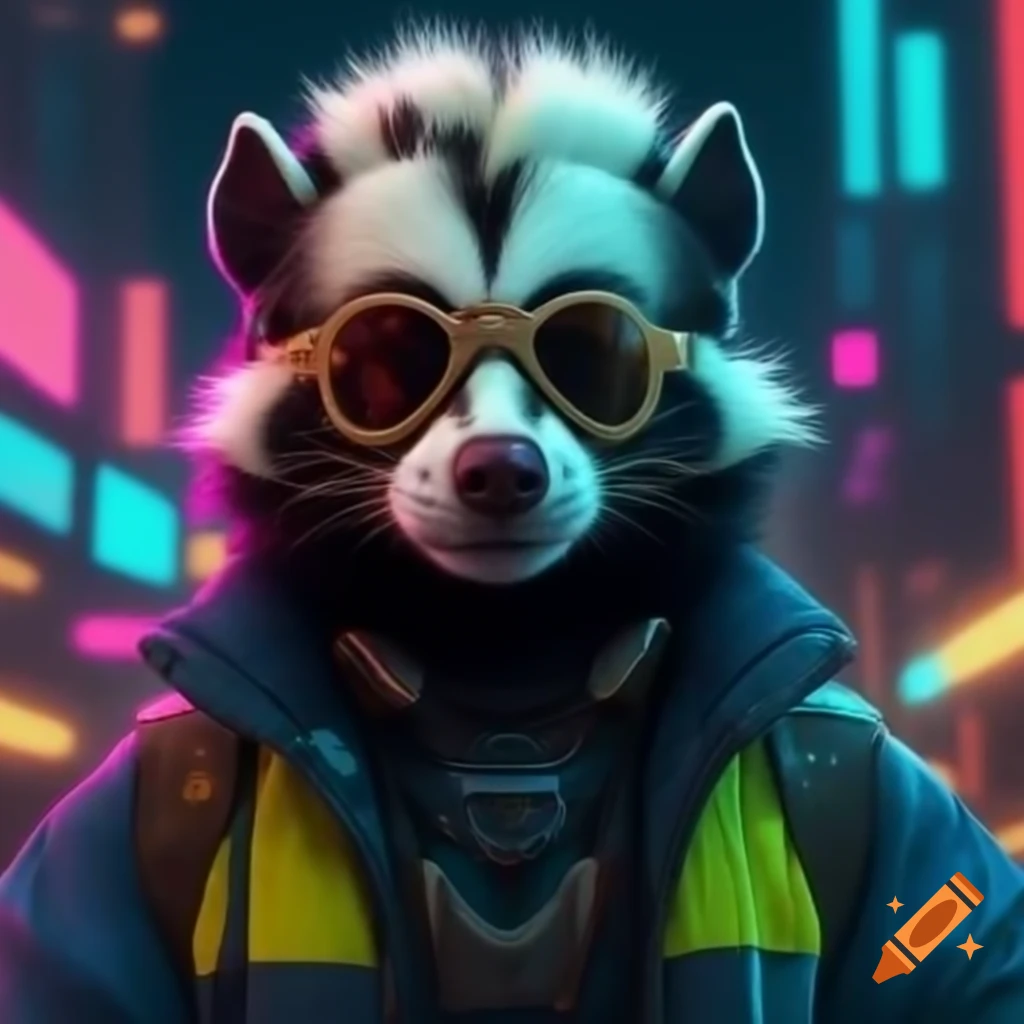 Spotted skunk in cyberpunk dystopia with mohawk and reflective jacket in neon midnight city