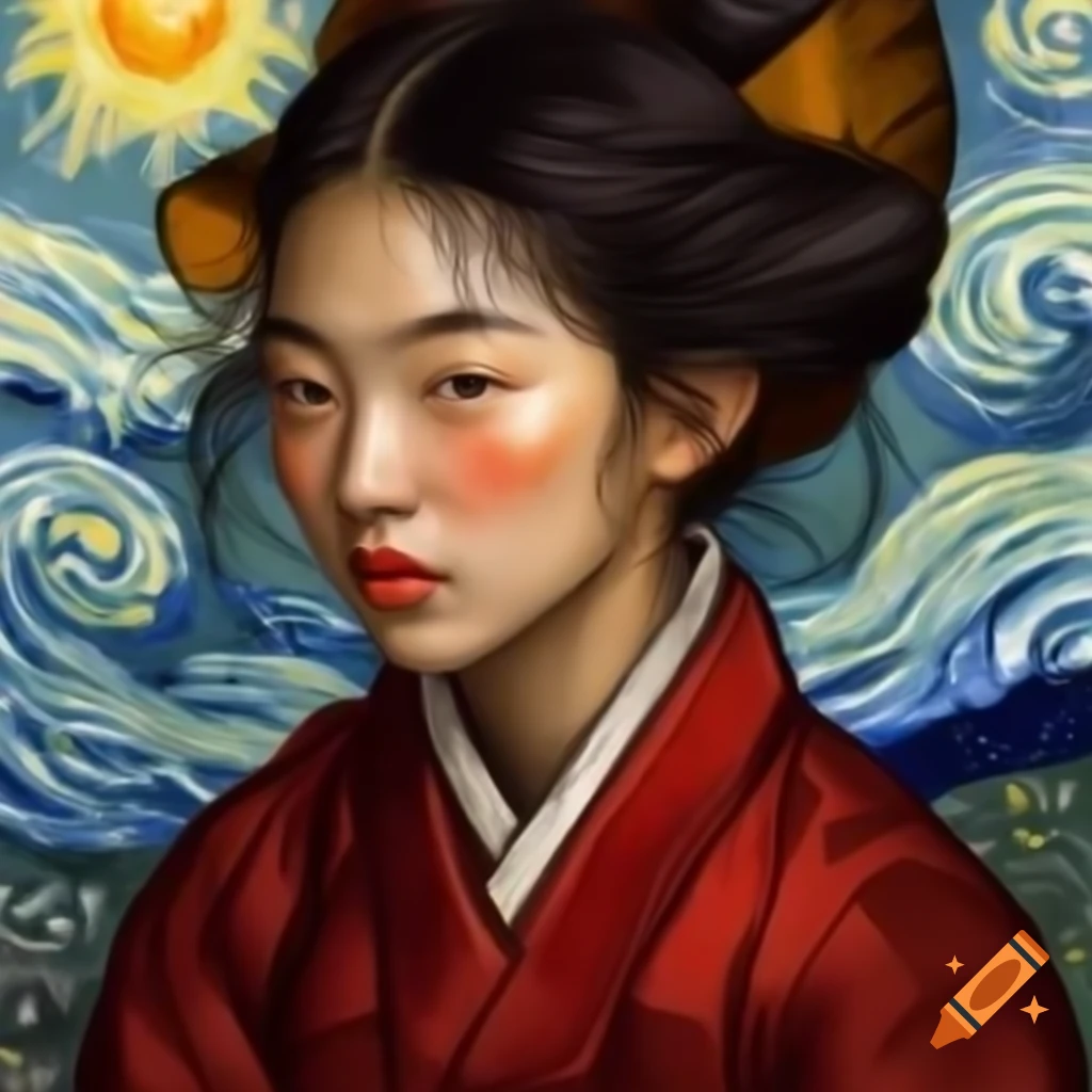 Portrait of Korean woman in red and black, animated style with watercolor and hyper-realistic elements