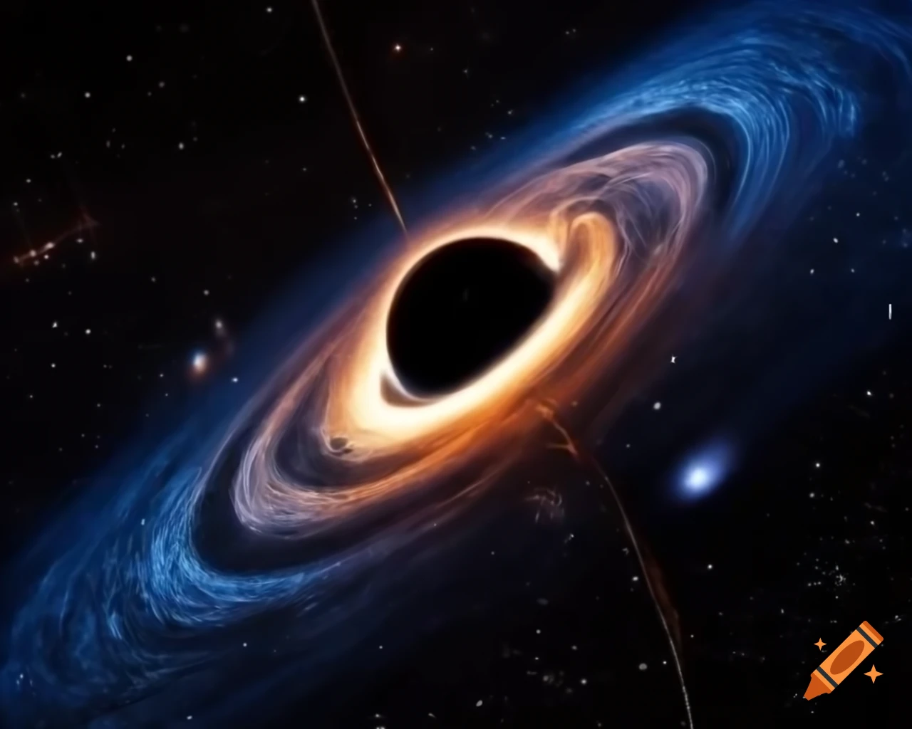 Realistic depiction of a black hole in star-filled space with artistic raytracing and lens flare