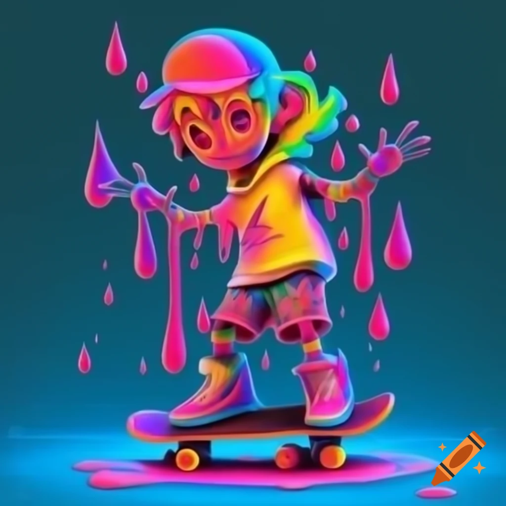 Colorful male cartoon character in skater style, psychedelic drips art
