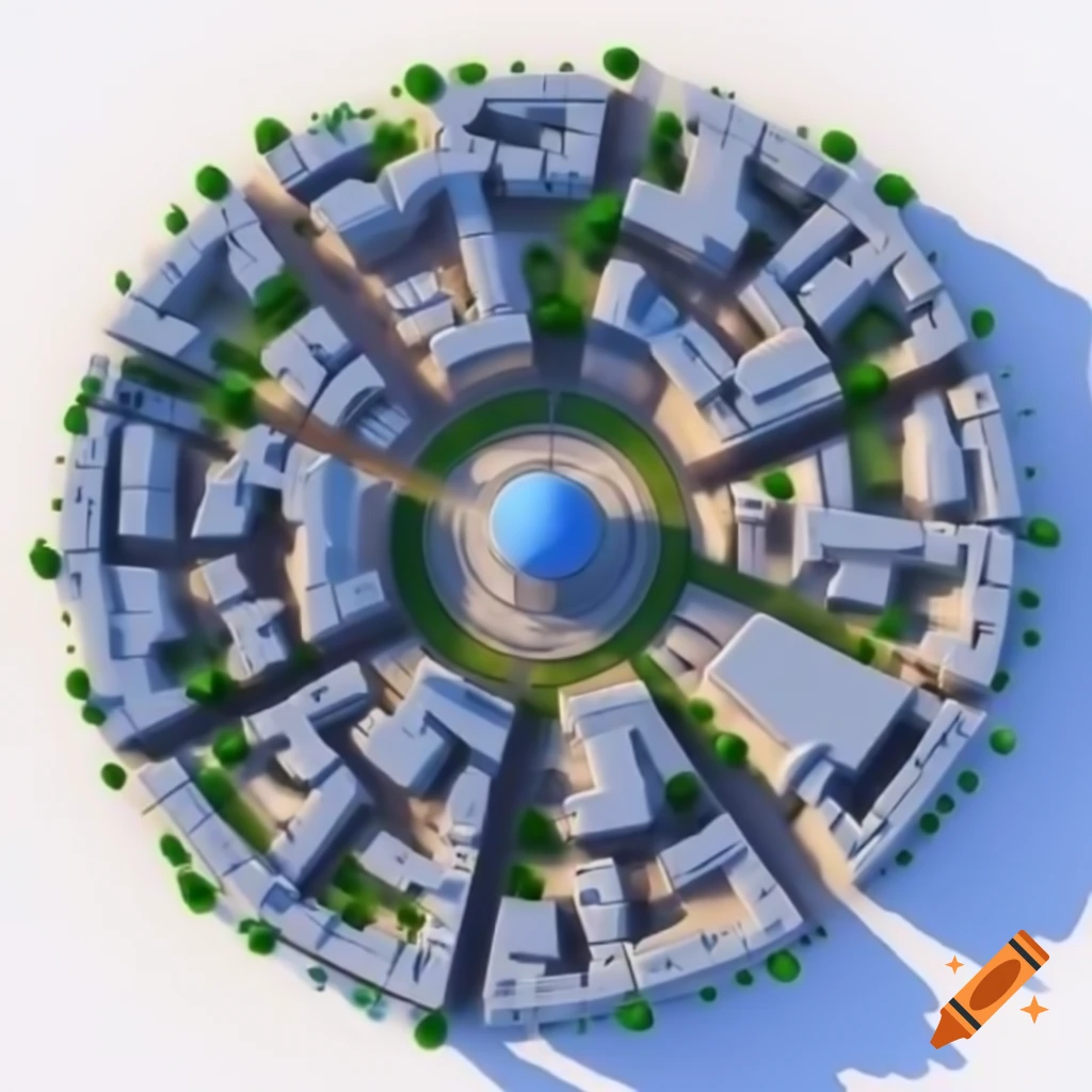 3D top view model of Paris, showcasing round layout