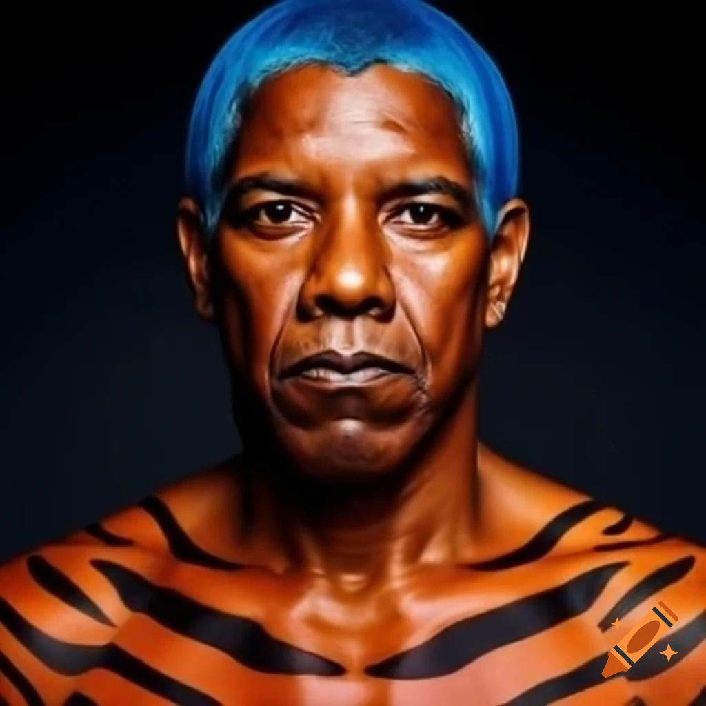 Muscular figure with tiger-style makeup featuring blue hair and orange skin