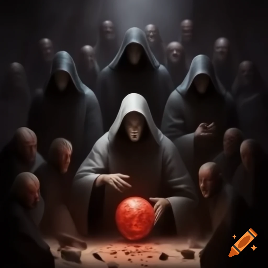 Hooded figures gathered around a dark orb