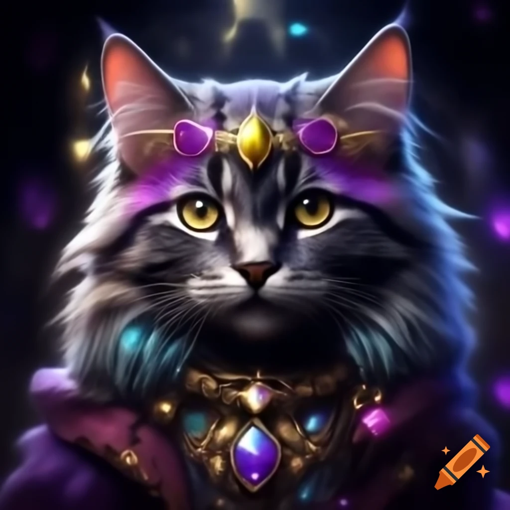 Artistic depiction of a colorful kitten with large yellow eyes