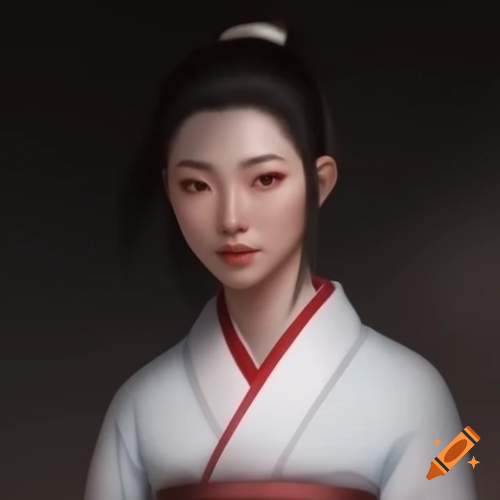 Asian woman in white kimono with distinct chin