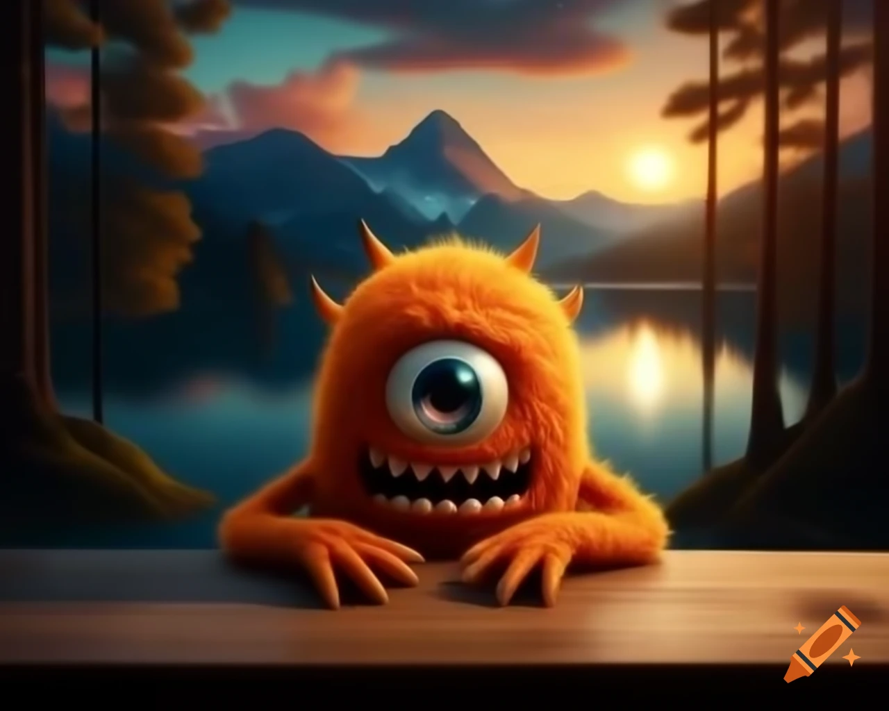 Photorealistic orange monster with human face sitting on wooden table in forest
