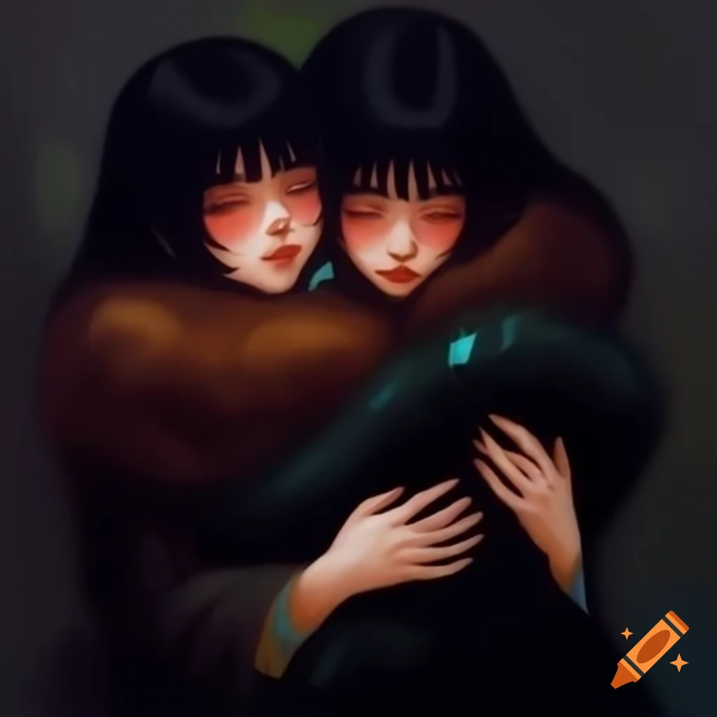 Anime women in fur coat embrace and kiss with northern lights in dark background