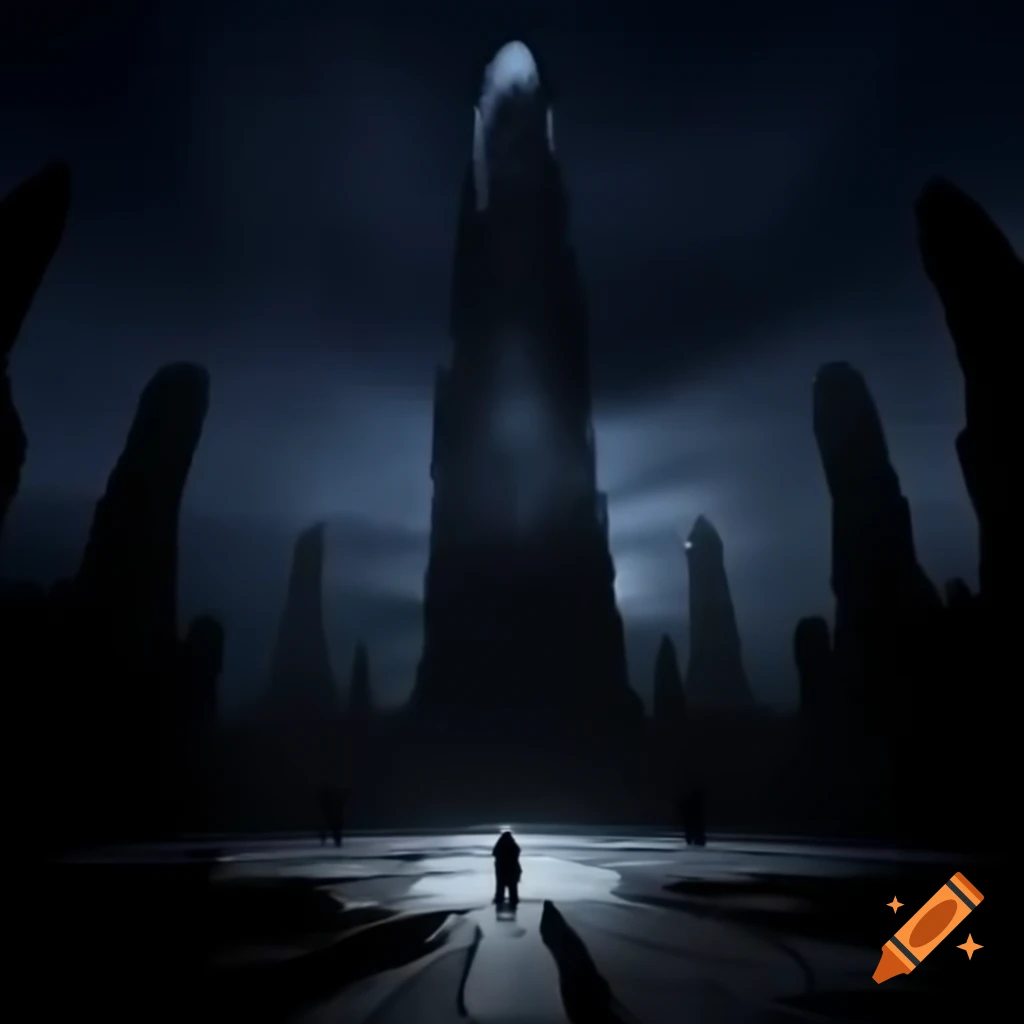 Obsidian metropolis with glowing shards casting shadows in twilight