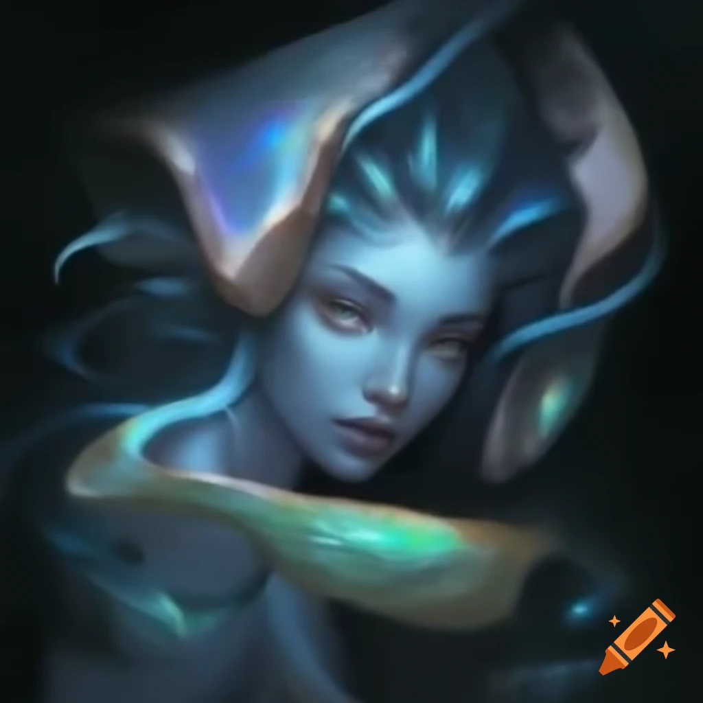 Ultra realistic water elemental woman with seashells and iridescent fish scales
