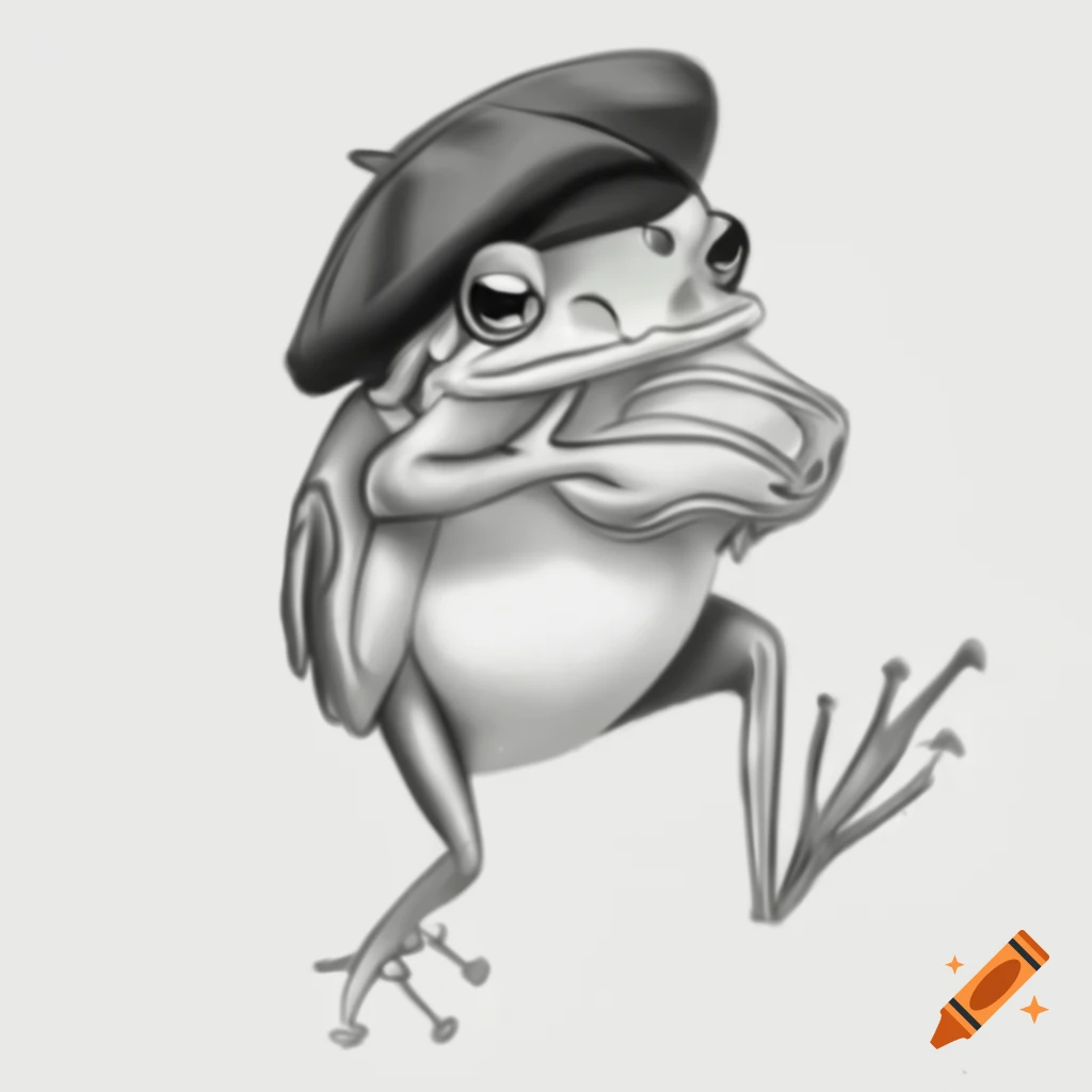 Elegant frog wearing beret and holding croissant