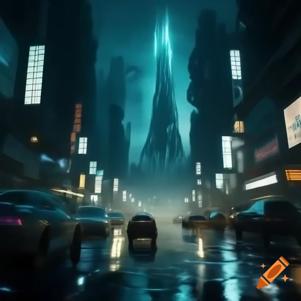 Futuristic metropolis with neon lights and towering skyscrapers