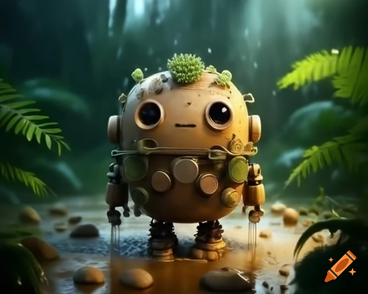 Kawaii robot building mud castle in jungle with dramatic lighting