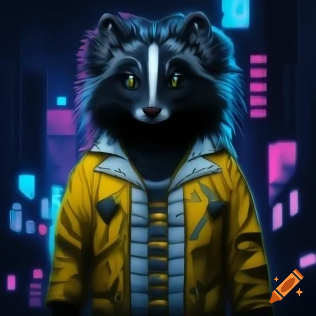Realistic skunk in futuristic jacket with LEDs in neon dystopian city