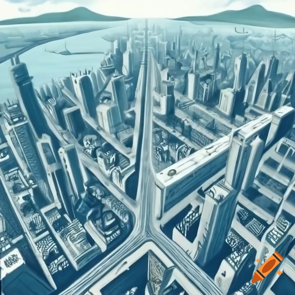 Simple line drawing of a city in aerial perspective featuring buildings, parks, and transport