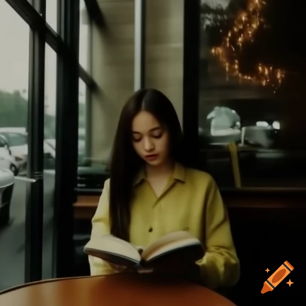 Young woman in cafe reading a book and looking towards the viewer