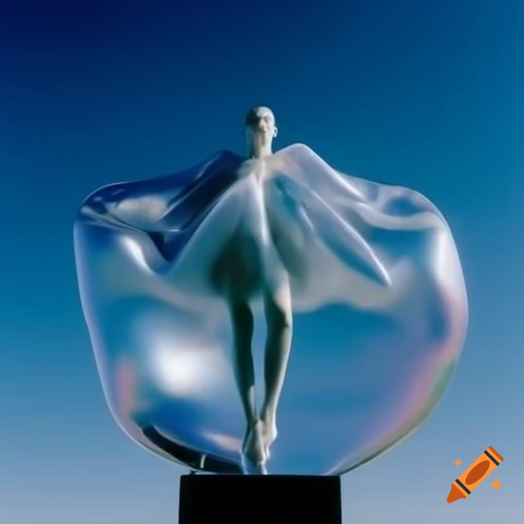 Pop surreal photography featuring iridescent glass statue from 2000s