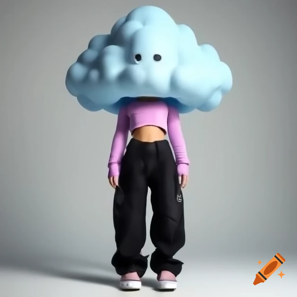 Animatronic girl with cloud head in trendy fashion featuring baggy black jeans and light pink Converse sneakers