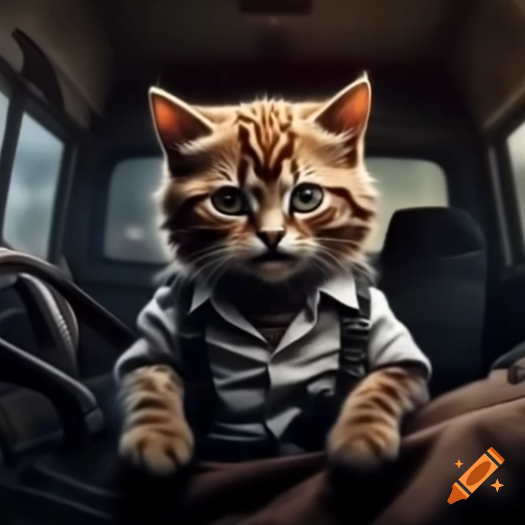 Anthropomorphic kitten inside a van