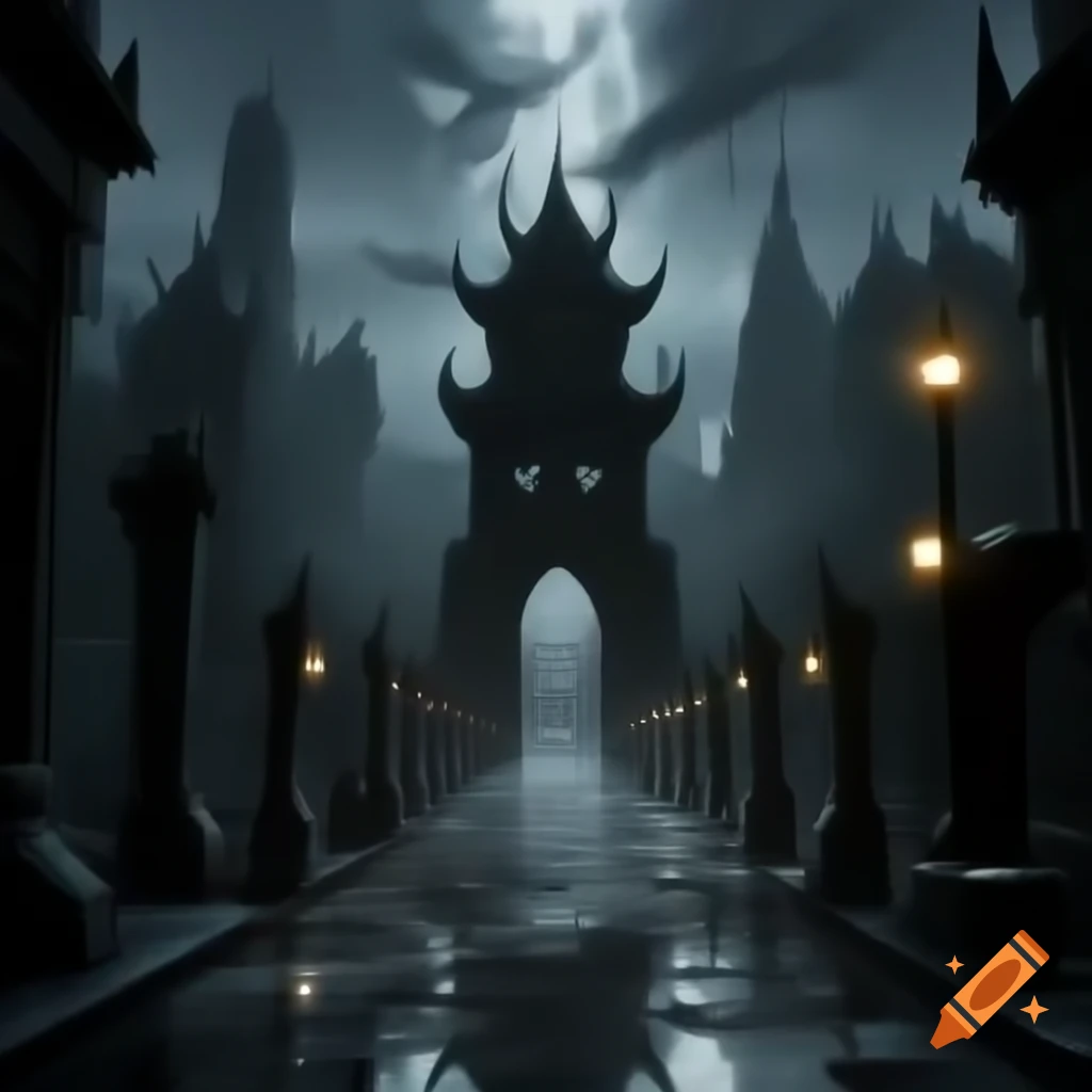 Obsidian City at twilight with jagged skyscrapers and narrow alleyways