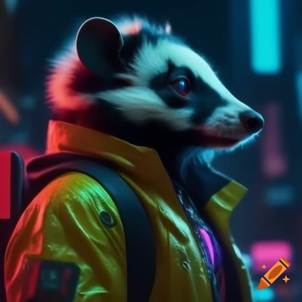 Skunk in futuristic jacket with LEDs in neon dystopian cityscape