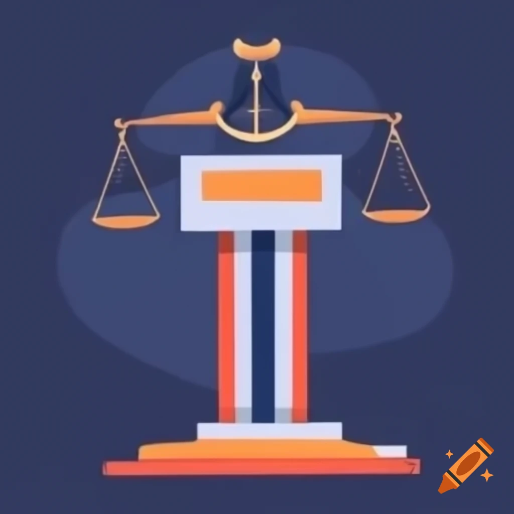 Solid rectangular podium depicting scales of justice
