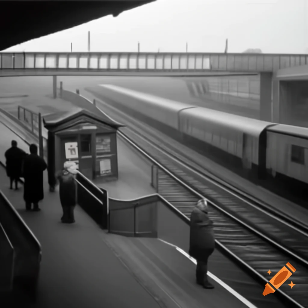 Train station with platforms, railways, and queuing people at ticket counter