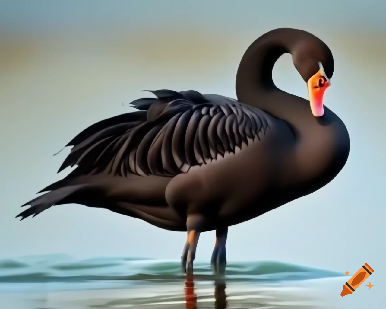 Black swan with orange beak wading, styled like Albert Namatjira